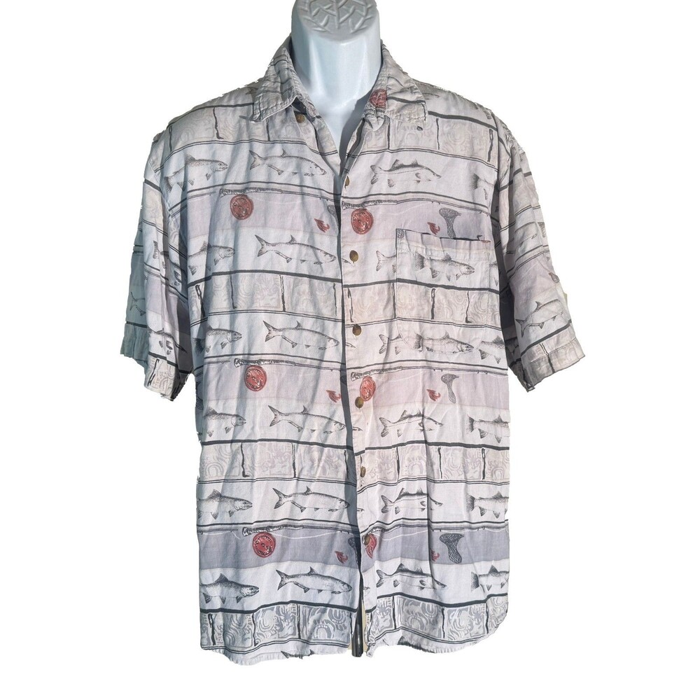 SUMMA Men's Short Sleeve Button‎ Down Fish Shirt White Large
